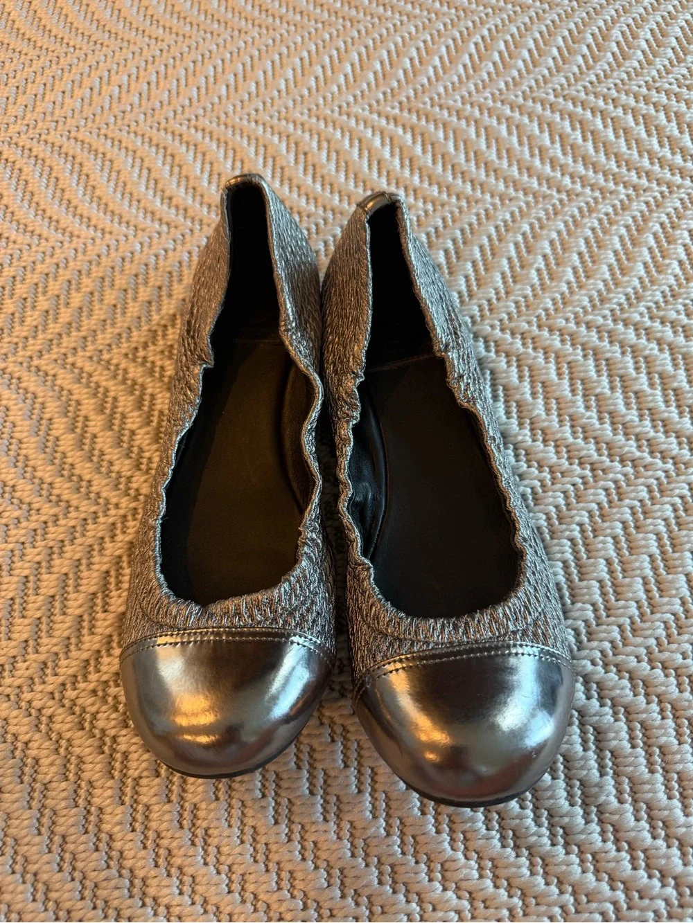 Tory Burch Silver Knit Ballet Flats with Metallic Toe